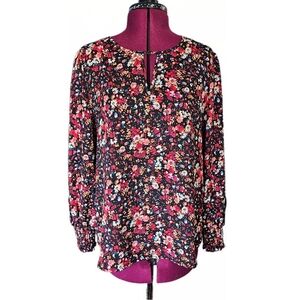 Anthropologie Pleione Black Mauve Ditsy Floral Cutout Long Sleeve Blouse